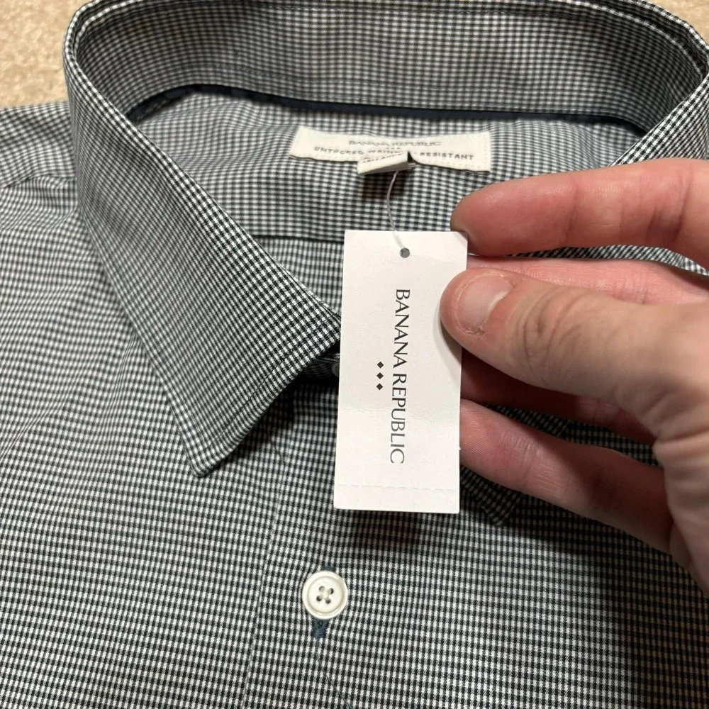 NWT Banana Republic Shirt Mens Large Gray Houndstooth Untucked Dress Stretch LS